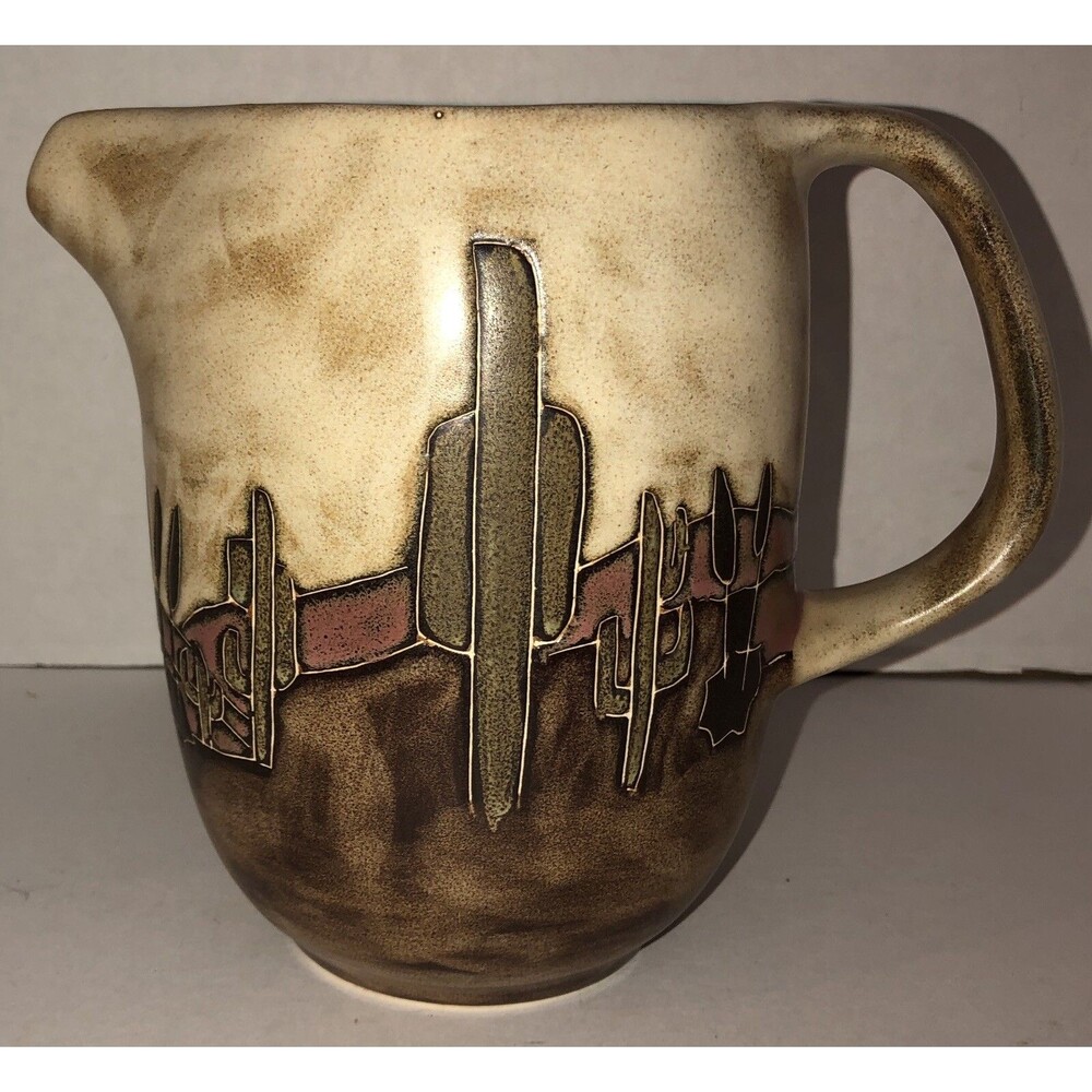 CACTUS Desert Scene Pitcher Ceramic Stoneware Pottery MARA MEXICO 7.25” Textured
